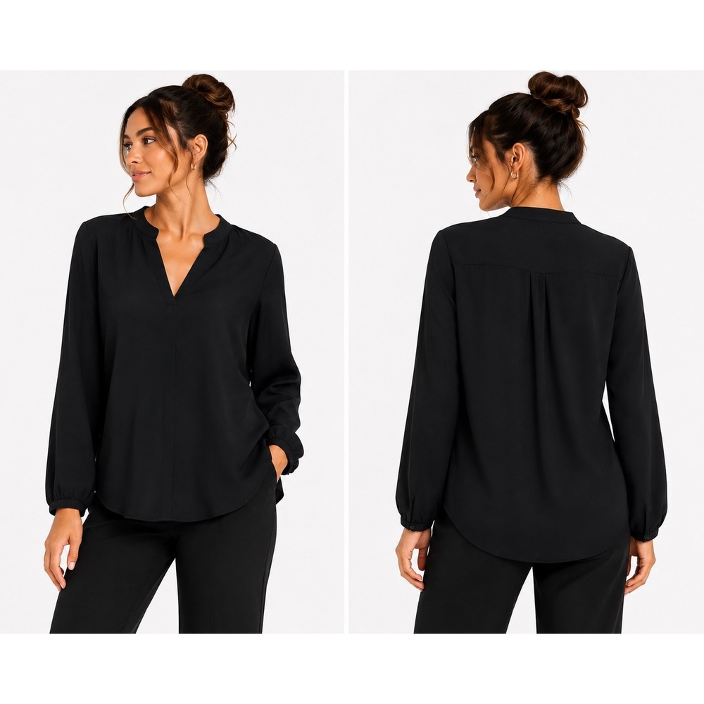 Adrianna Papell Blouse Womens Medium Black Split Neck Long Sleeve Workwear Chic